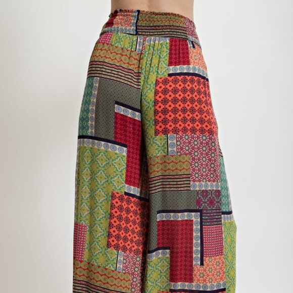 Easel Boho Patchwork Gauze Palazzo Pants | Green Combo | Smocked Waist | NWT | M - Picture 5 of 5